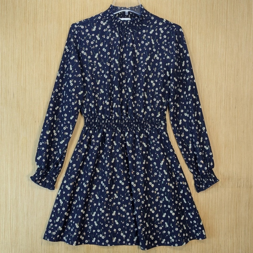 Everly Womens Blue Floral Metallic Smocked Mini‎ Dress Long Sleeve Small Modest